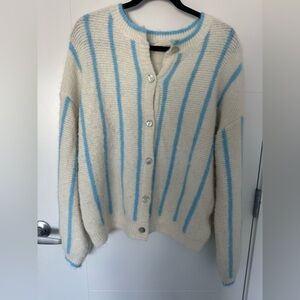 Cherry Paris Striped Knit Cardigan Sweater | Cream & Blue | Size M/L